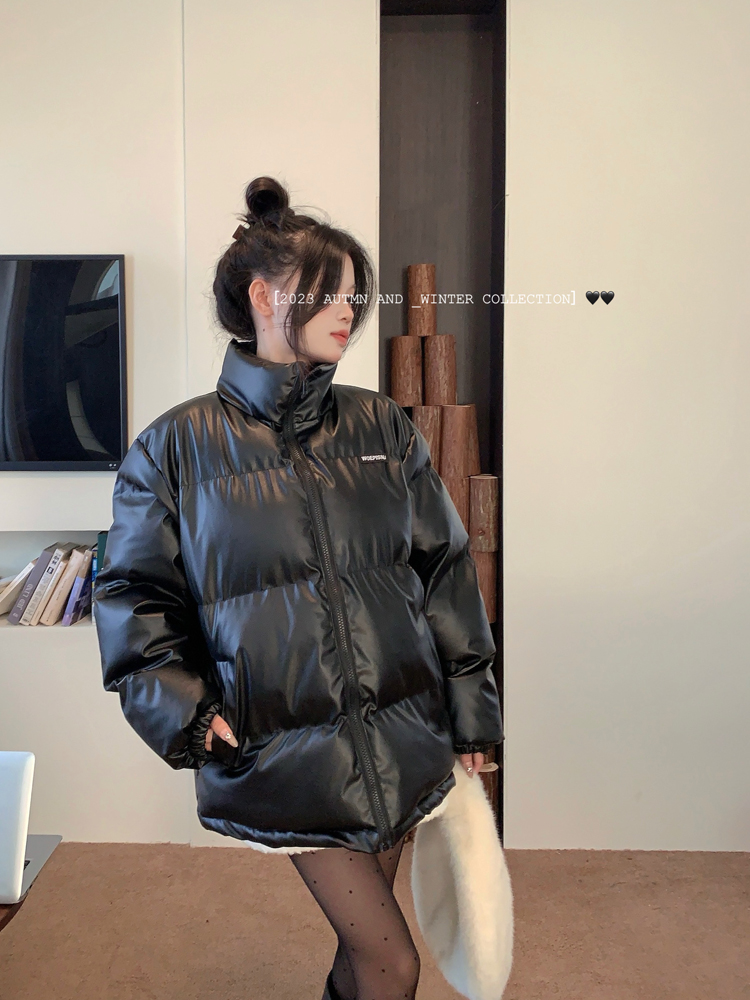 實拍 黑色港風棉服外套設計感pu皮棉衣