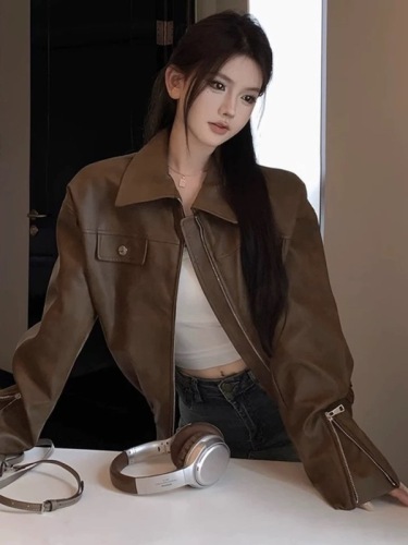 Brown motorcycle pu leather foreign-style jacket for women in autumn and winter, sweet and cool motorcycle style long-sleeved high-end leather jacket