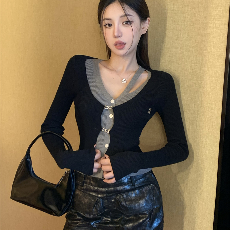 假兩件v領針織衫設計感小眾打底衫女秋冬高級感2023新款時尚上衣