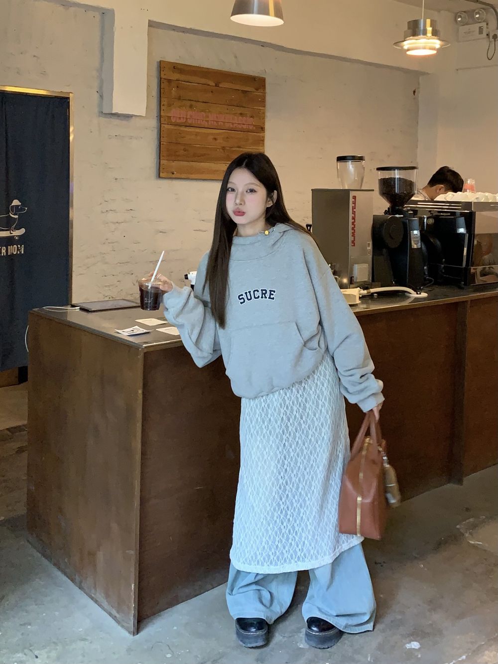 實拍三標齊寬鬆小立領加絨連帽可抽繩加絨衛衣女+蕾絲裙