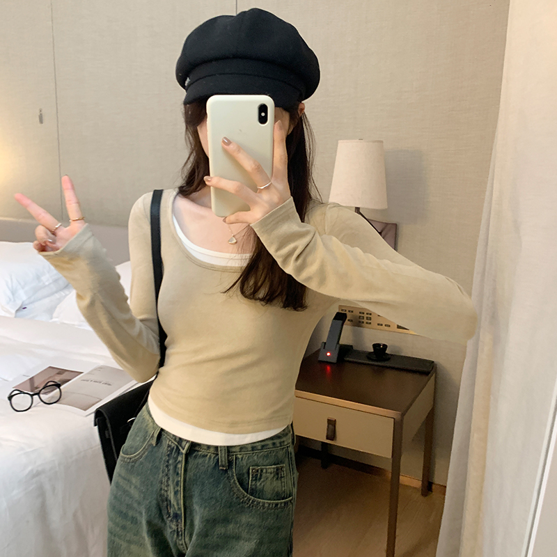 實拍圖小個子緊身打底衫女秋冬2023新款假兩件正肩長袖T恤上衣
