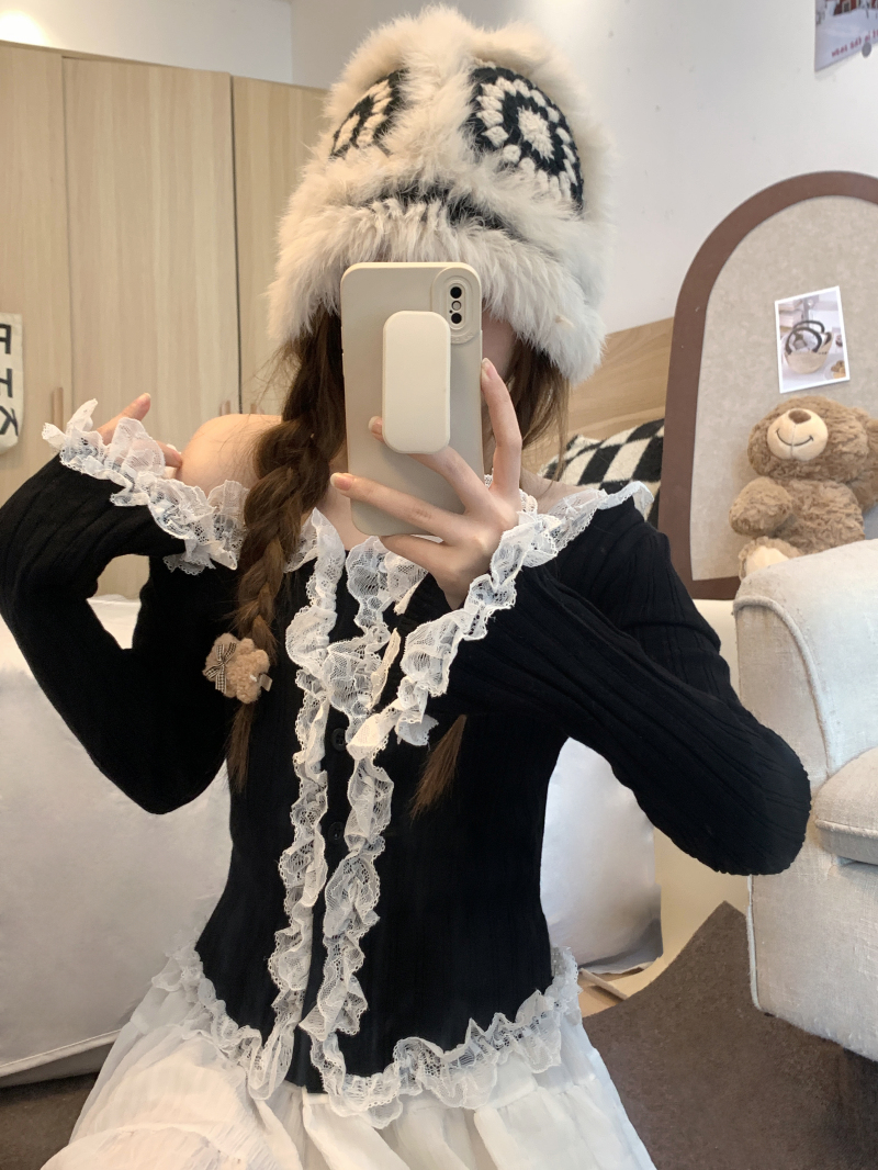 實拍 法式絕美蕾絲木耳邊針織衫內搭配大衣辣妹修身打底上衣