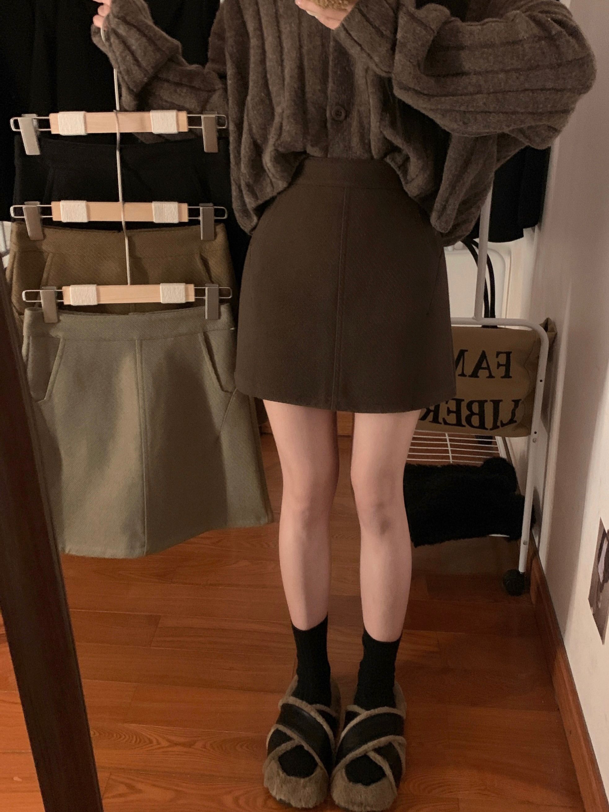 實拍~秋冬羊呢料加厚半身裙A字半身裙高腰包臀短裙口袋一步裙