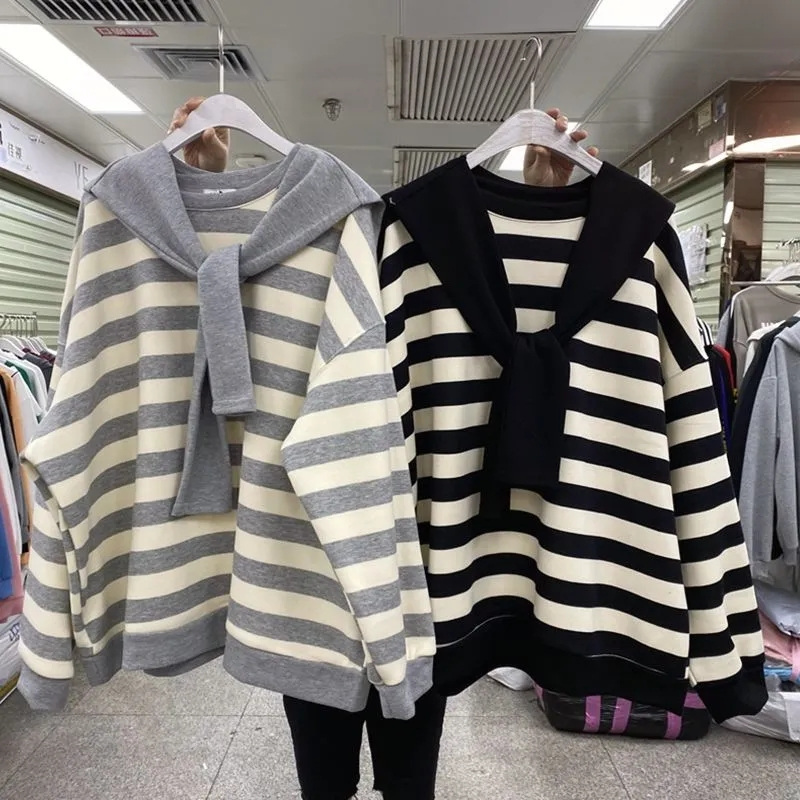 特大碼300斤薄款圓領衛衣女春秋韓版胖MM寬鬆減齡披肩+寬條紋上衣