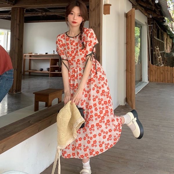 實拍 夏季甜美可愛碎花連衣裙拼接超仙圓領系帶顯瘦遮肚裙子
