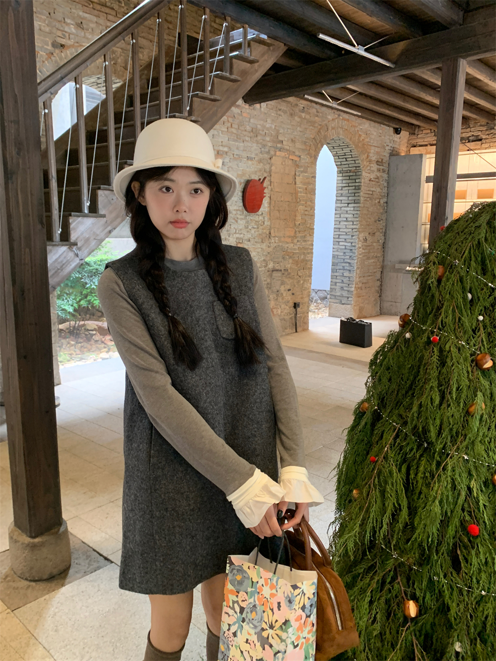 實拍灰色毛呢背心裙連衣裙韓系千金風氣質a字裙套裝女