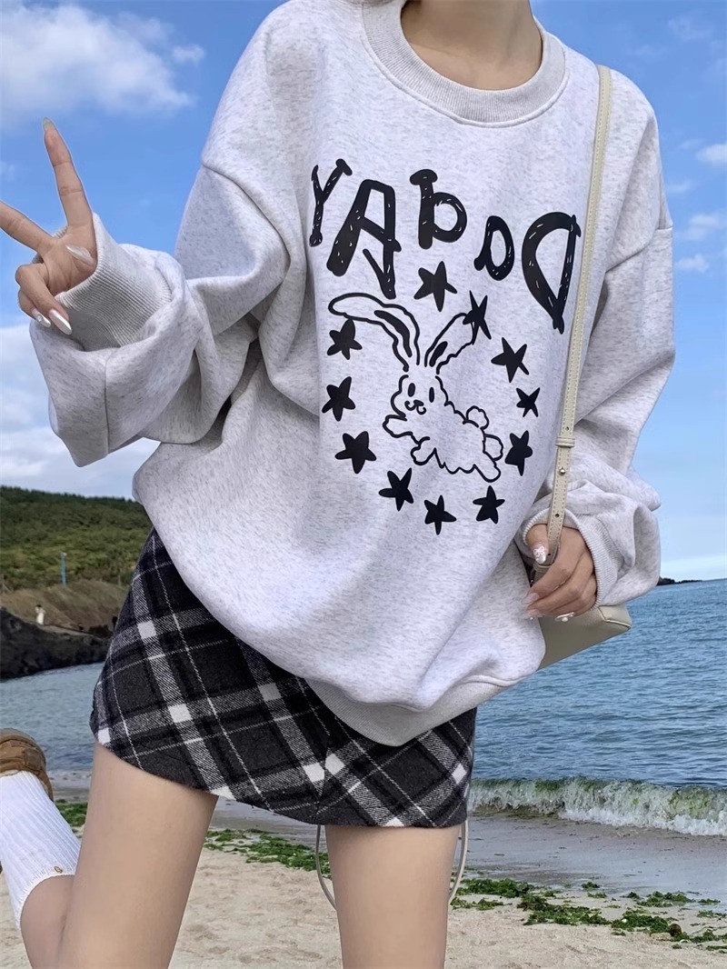 CVC棉麵食毛華棉複合/牛奶絲300克銀狐絨400克前 印花圓領衛衣女