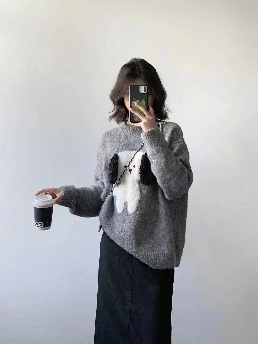 仿牛絨小狗提花慵懶風毛衣女秋冬2023新款減齡寬鬆加厚針織衫上衣