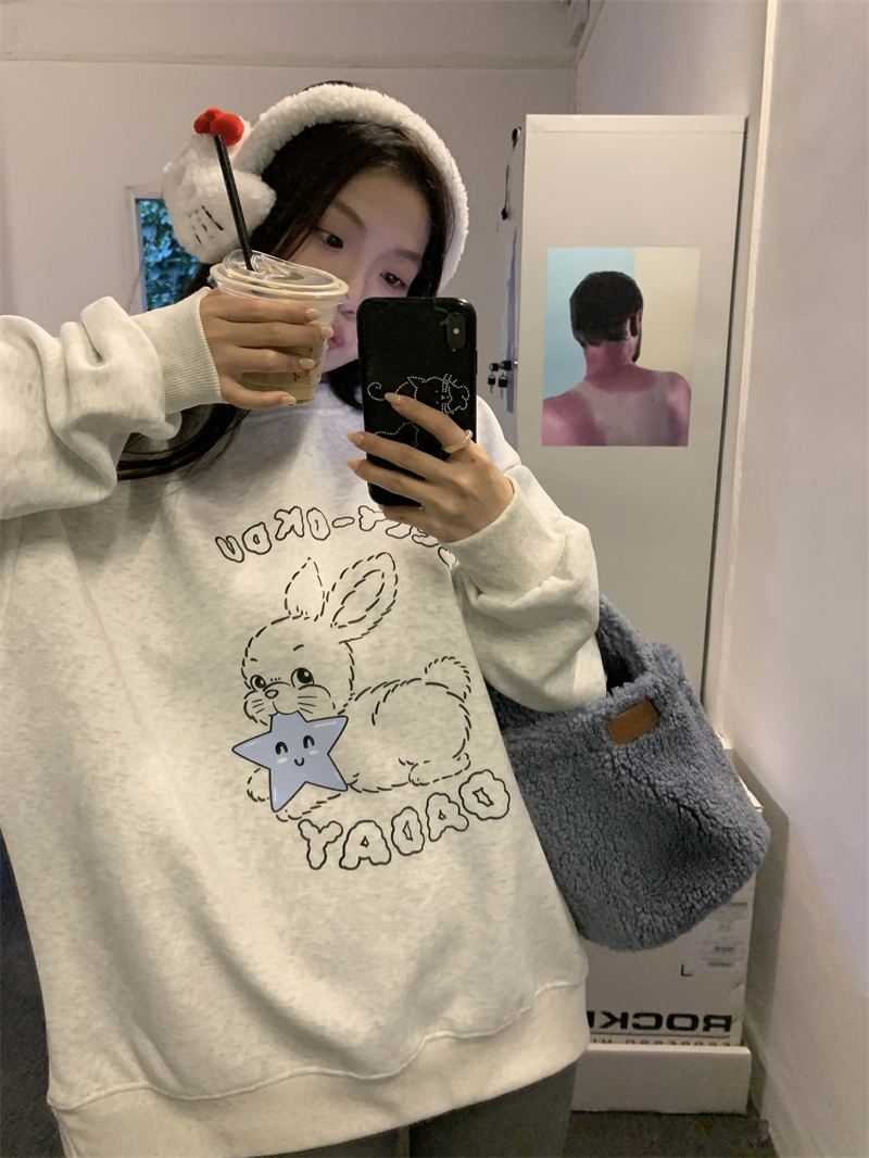 實拍~原創 韓系鬼馬少女兔子印花加絨銀狐絨寬鬆衛衣