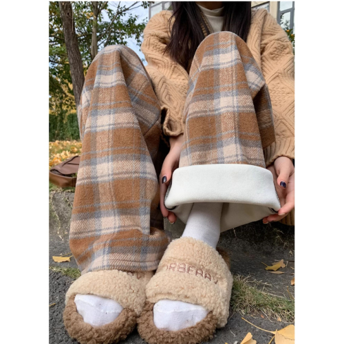 Caramel Plush Grid Knit Women's Autumn/Winter High-Waisted Drape-Style Outerwear Cotton Pants Loose Straight Leg Casual Wool Knit Wide Leg Pants