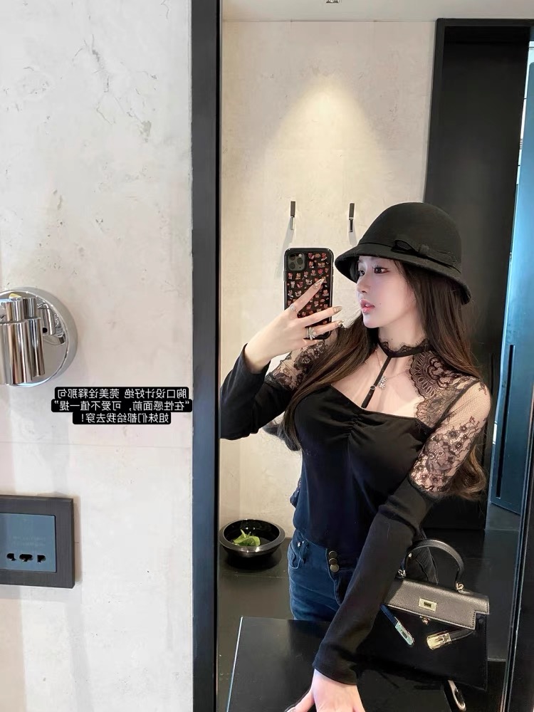 黑色蕾絲打底衫女秋冬內搭鏤空美背修身顯瘦性感辣妹純欲掛脖上衣