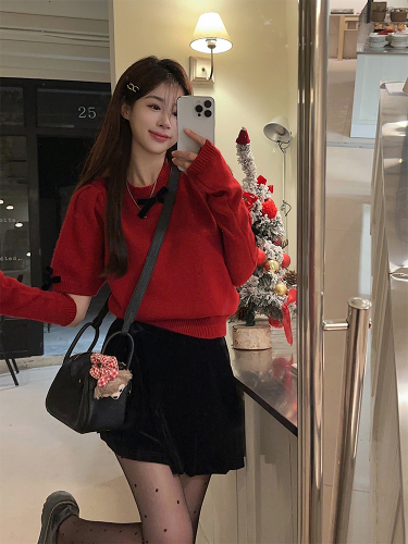 Actual shot of New Year’s uniform~Autumn and winter Korean chic simple fine glitter detachable sleeves bow knitted sweater