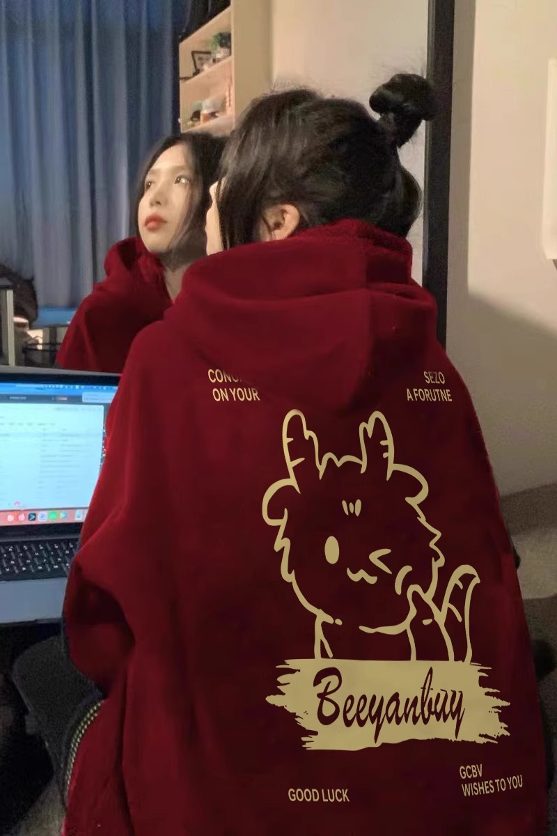 CVC棉麵食毛華棉複合/牛奶絲300克銀狐絨400克前後印花連帽衛衣女