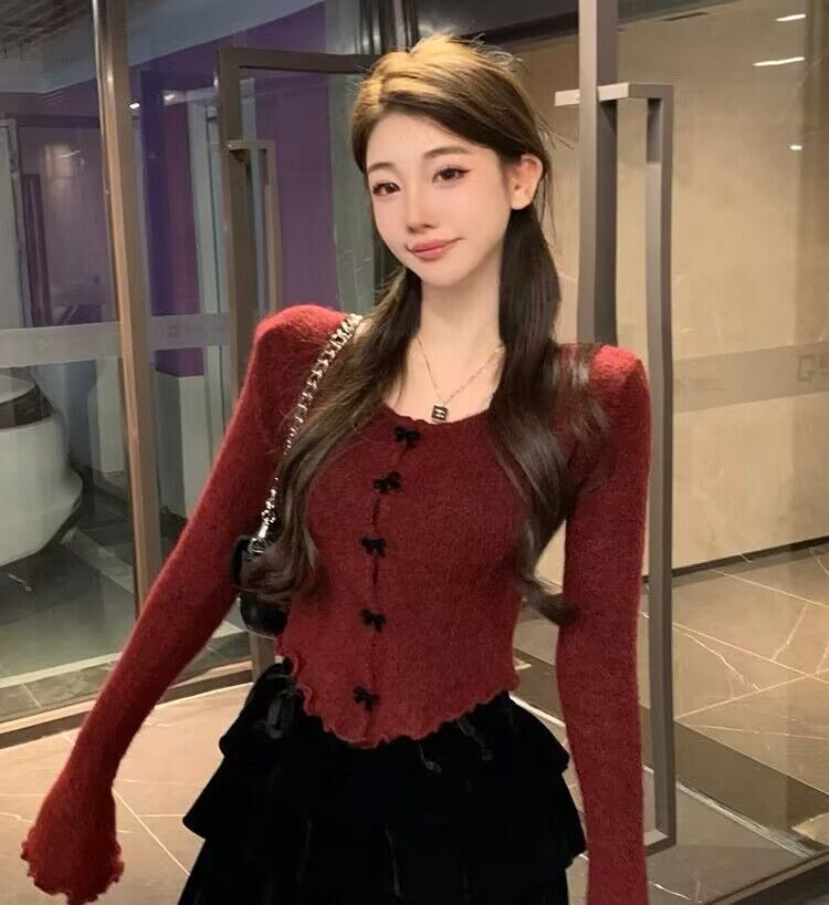 聖誕紅色針織衫女秋冬季2023新款毛衣內搭打底衫別致絕美上衣