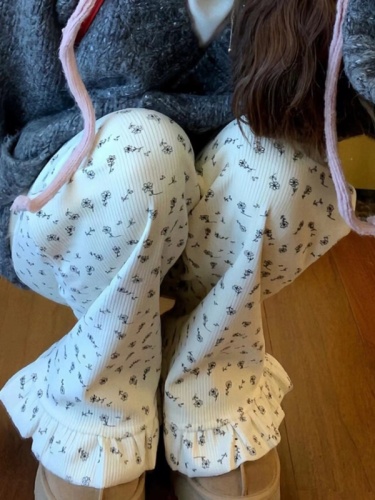 Korean-style floral mini bell-bottom pants for women, winter  new arrival, high-waisted, slimming, loose, floor-length wide-leg mule pants