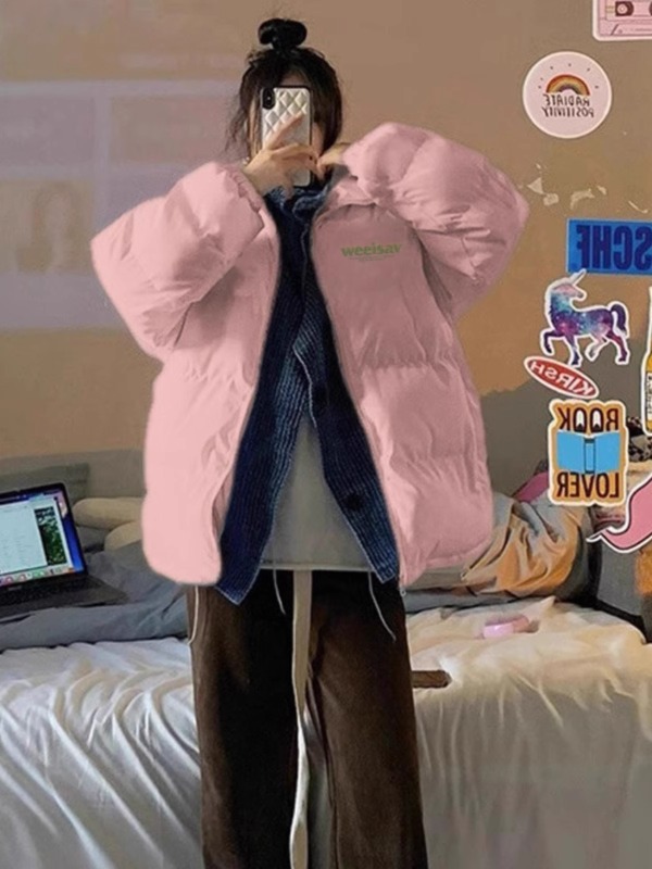 高品質手塞棉加厚冬季新款棉服寬鬆印花棉衣麵包服女