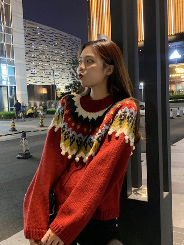復古重工紅色費爾島聖誕毛衣女冬季寬鬆慵懶風針織衫軟糯上衣加厚