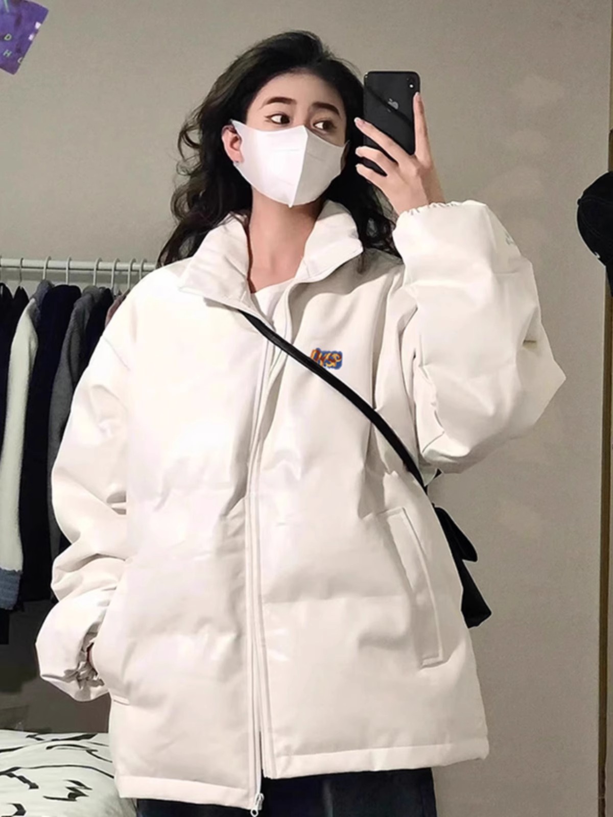 高品質PU皮棉服手塞棉加厚冬季新款寬鬆印花棉服麵包服女外套