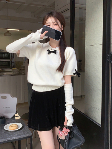 Actual shot of New Year’s uniform~Autumn and winter Korean chic simple fine glitter detachable sleeves bow knitted sweater