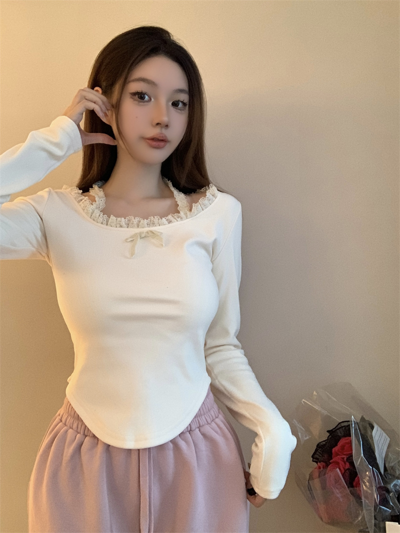 Actual shot of double-sided German velvet pure desire long-sleeved T-shirt in autumn and winter with halter neck design and slim fit inner top