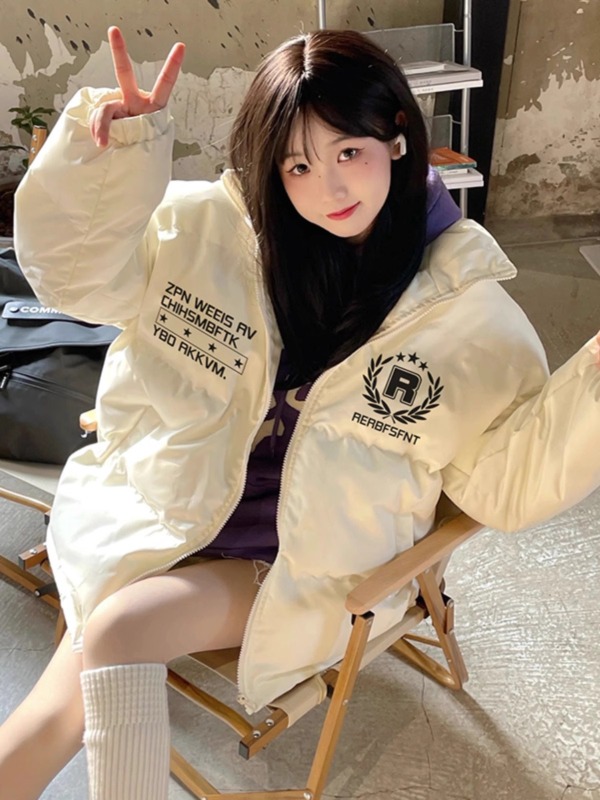 高品質手塞棉加厚冬季新款棉服寬鬆印花棉衣麵包服女