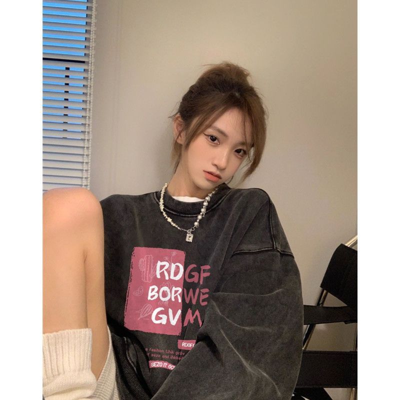 純棉華棉複合牛奶絲320克銀狐絨420克水洗做舊復古圓領衛衣女