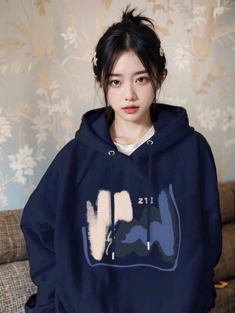 CVC棉麵食毛華棉複合/牛奶絲300克銀狐絨400克前 印花連帽衛衣女