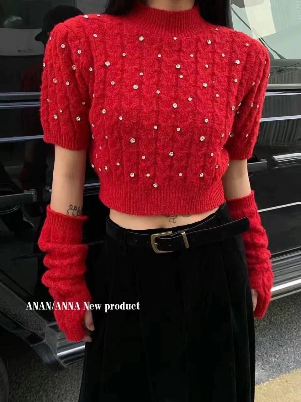 十三行女裝2023秋冬新款氣質套頭圓領釘珠短款純色短袖毛衣帶袖套