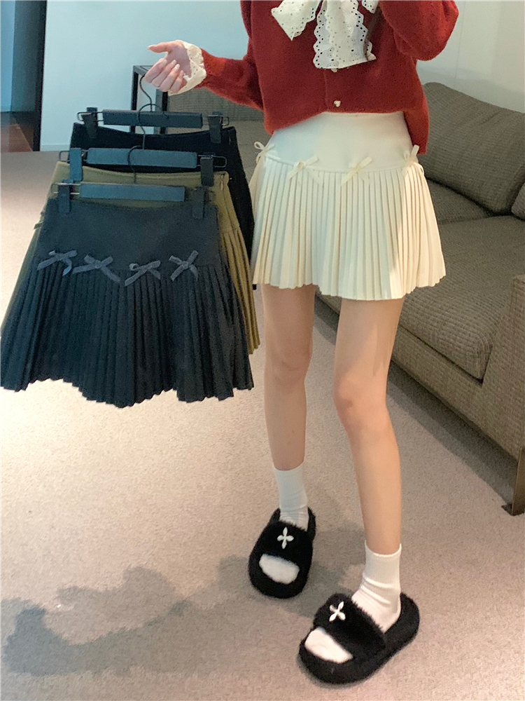 實拍~甜美高腰毛呢百褶裙女秋冬蝴蝶結防走光半身裙短裙