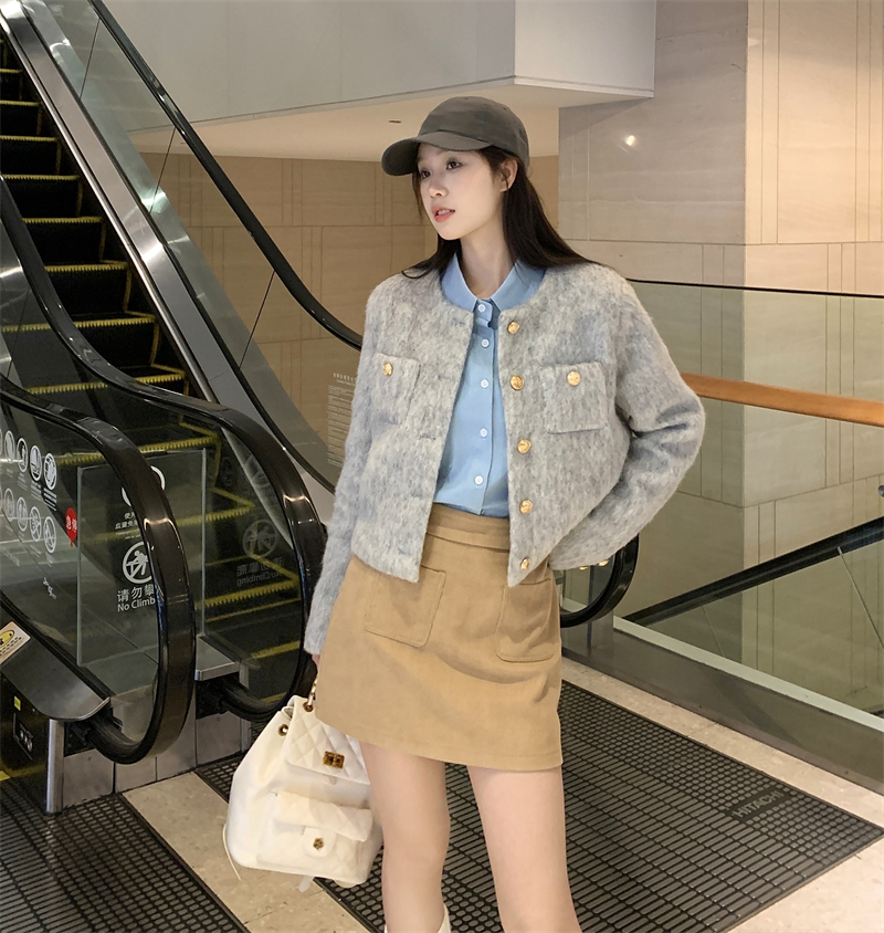 實拍~ 藍色襯衫燈芯絨短裙兩件套女設計感灰色夾棉外套
