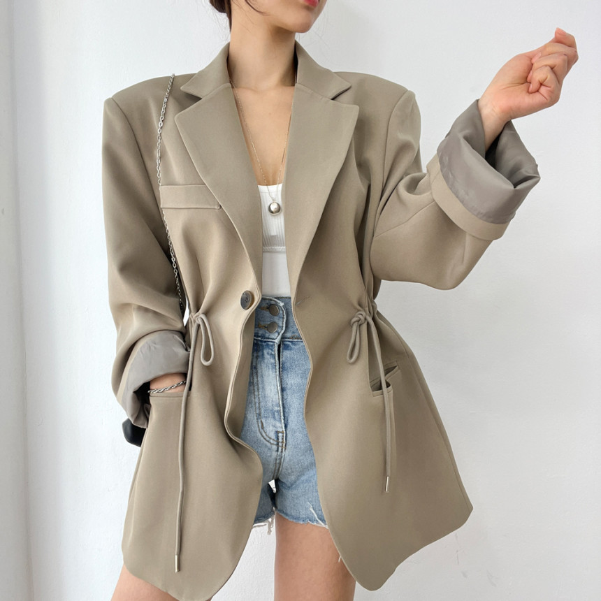 The size has been updated chic spring French retro drawstring lace up suit jacket women's waist slimming suit