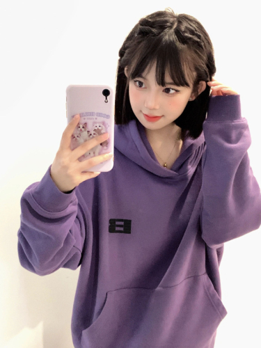Shimaohua cotton thin coated milk silk/thick coated silver fox velvet printed purple hooded sweatshirt