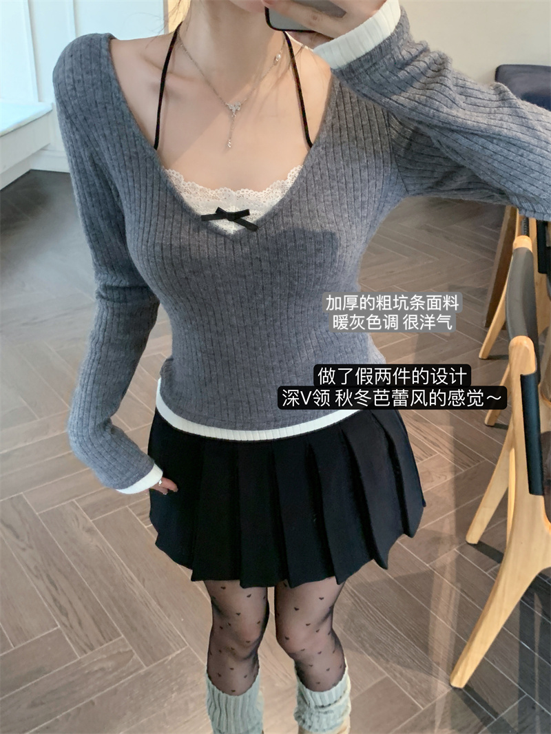 Real shot Sweet White Story lace splicing design gray bottoming shirt women's v-neck knitted top