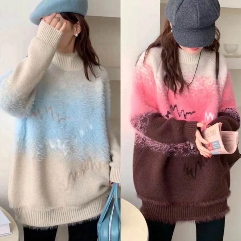 秋冬新款法式加厚軟糯寬鬆百搭復古設計感高領漸變毛衣女針織上衣