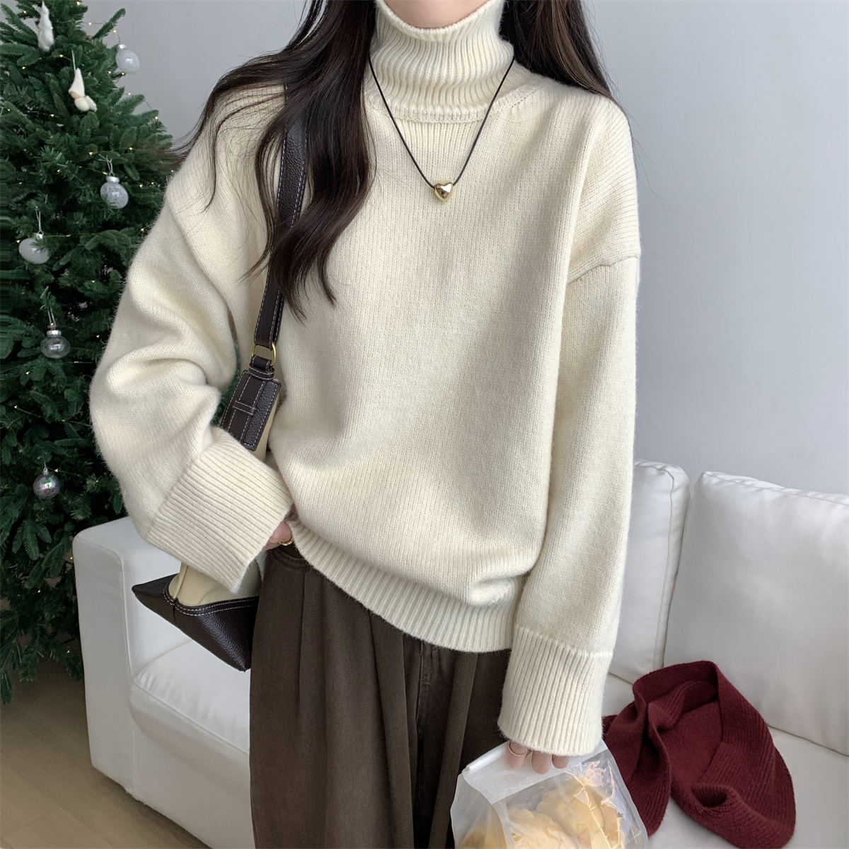 實拍 秋冬韓版寬鬆純色高領內搭厚北極絨套頭百搭針織毛衣女