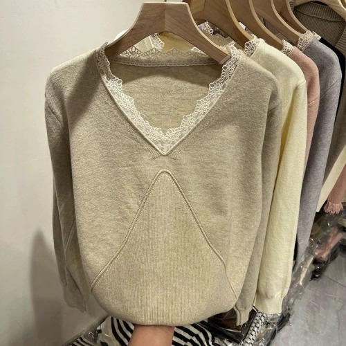 kumikumi lace splicing V-neck sweater for women in autumn and winter with design niche loose pullover sweater