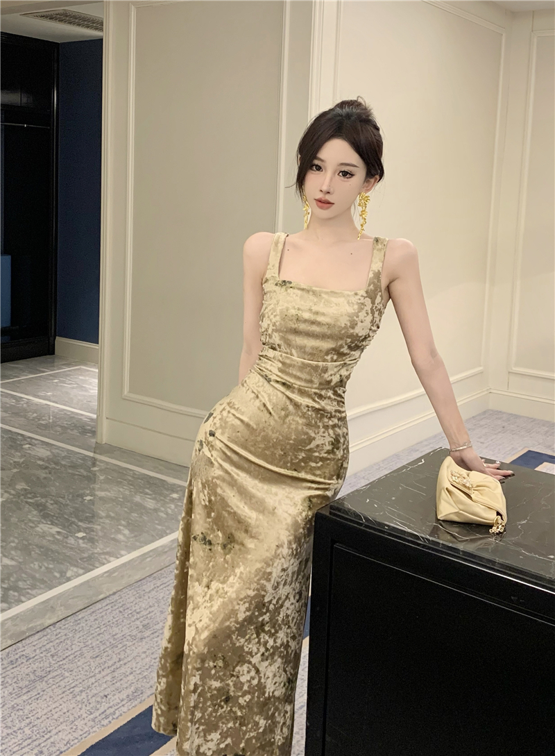實拍設計感暈染絲絨油畫吊帶裙長裙法式優雅收腰內搭禮服吊帶裙子
