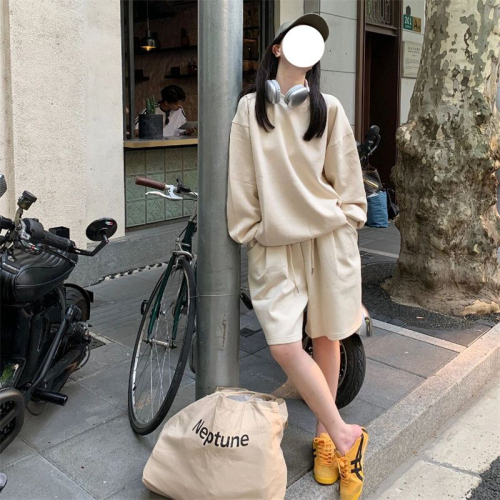 Matte Chinese cotton complex milk silk thin style with cotton screw thread matching color casual sports two-piece set