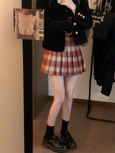 Real shot plaid woolen skirt autumn and winter retro plaid high waist hip skirt A-line skirt pleated skirt for women