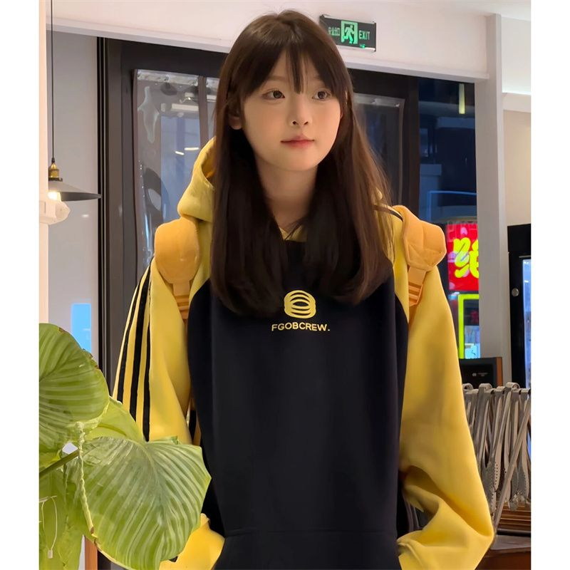 包肩領拉三條杆 印花 秋冬連帽加絨衛衣 華棉復銀狐絨