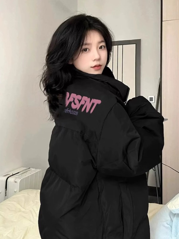 高品質手塞棉加厚冬季新款棉服寬鬆印花棉衣麵包服女