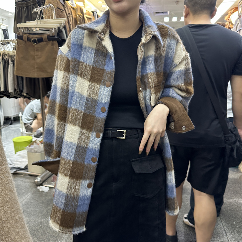 加厚磨毛格子外套毛呢襯衫女秋冬季設計感小眾氣質美式寬鬆中長款
