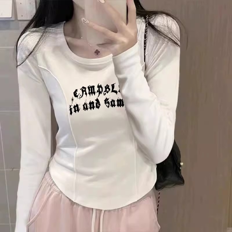 新款秋季美式復古插肩純棉長袖t恤女正肩體恤內搭打底衫上衣