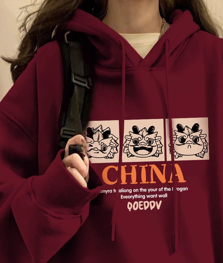 CVC棉麵食毛華棉複合/牛奶絲300克銀狐絨400克前 印花連帽衛衣女