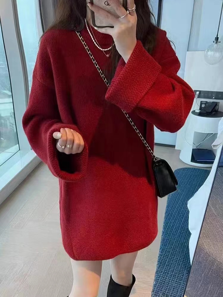 聖誕穿搭新年紅色毛衣女秋冬季2023新款慵懶風內搭針織衫上衣