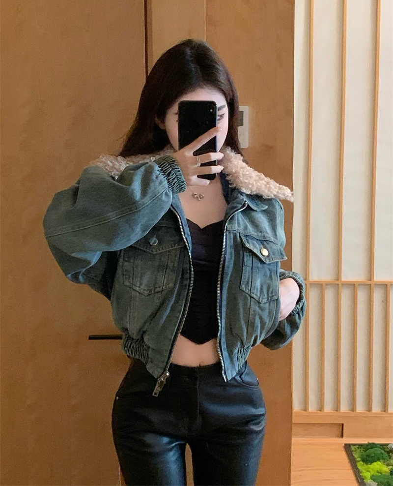 實拍 秋冬經典牛仔外套短款復古懷舊設計休閒毛領夾棉棉衣女