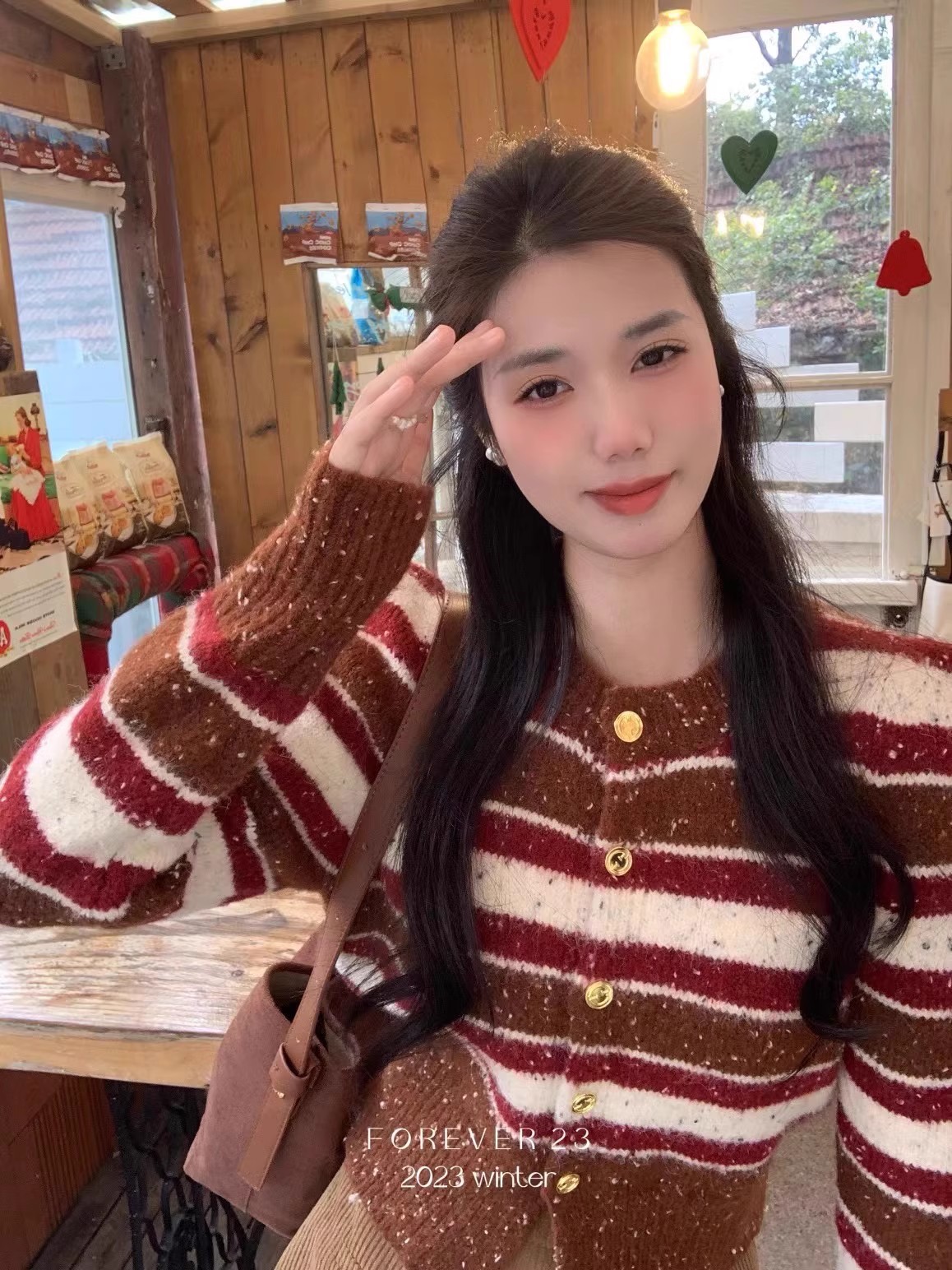 forever23秋冬新款小香針織開衫女時尚慵懶條紋軟糯百搭毛衣 302