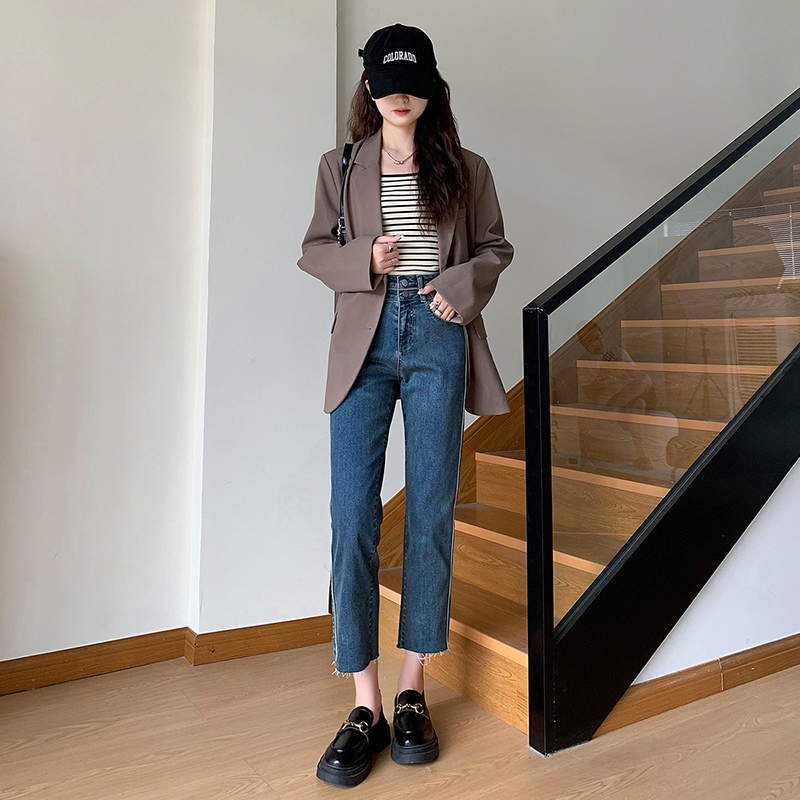 實拍~2024春秋季新款直筒牛仔褲小個子女高腰顯高顯瘦九分煙管褲