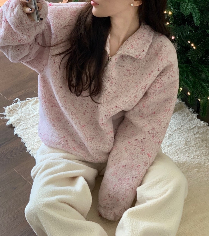 INS韓國東大門！減齡少女感粉色羊羔毛立領半拉連慵懶保暖衛衣