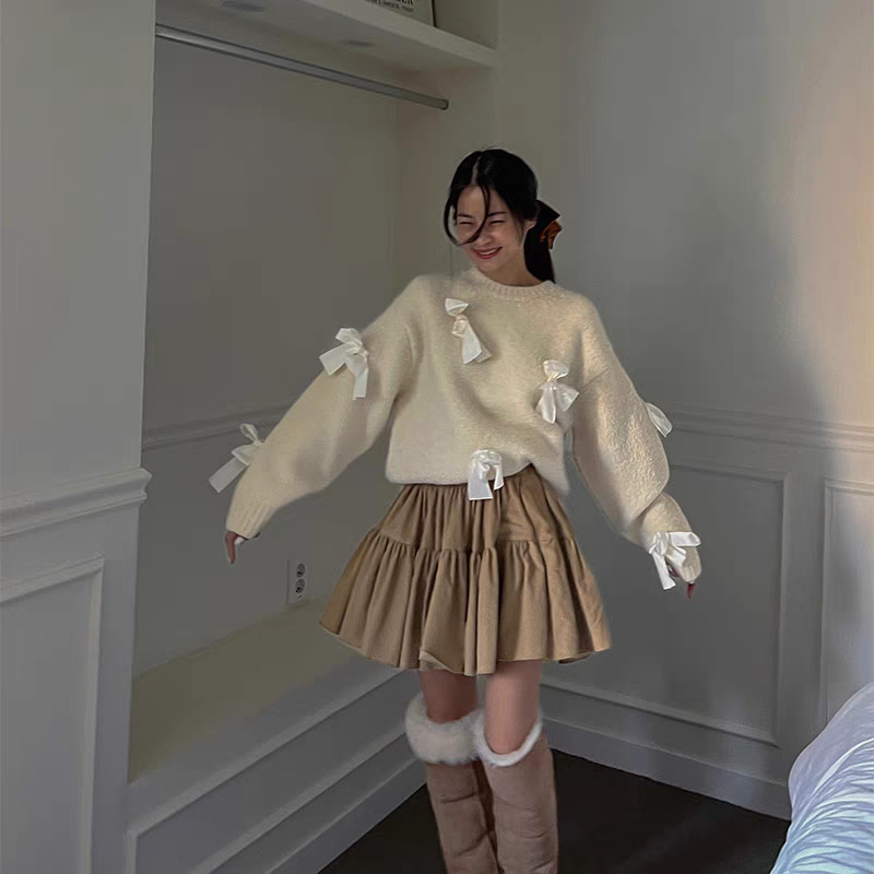 South Korea Dongdaemun three-dimensional bow round neck lazy loose sweater